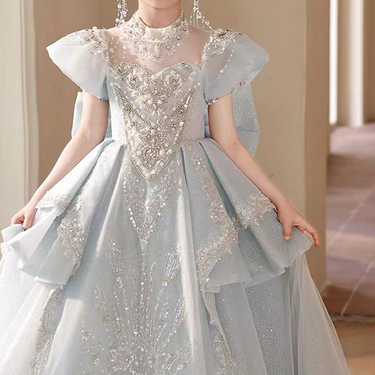 Jill Luxury Blue Crystal Princess Party Girl Dress with Bow J333