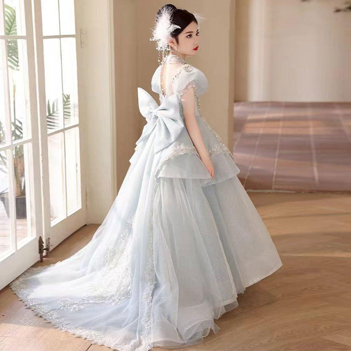 Jill Luxury Blue Crystal Princess Party Girl Dress with Bow J333