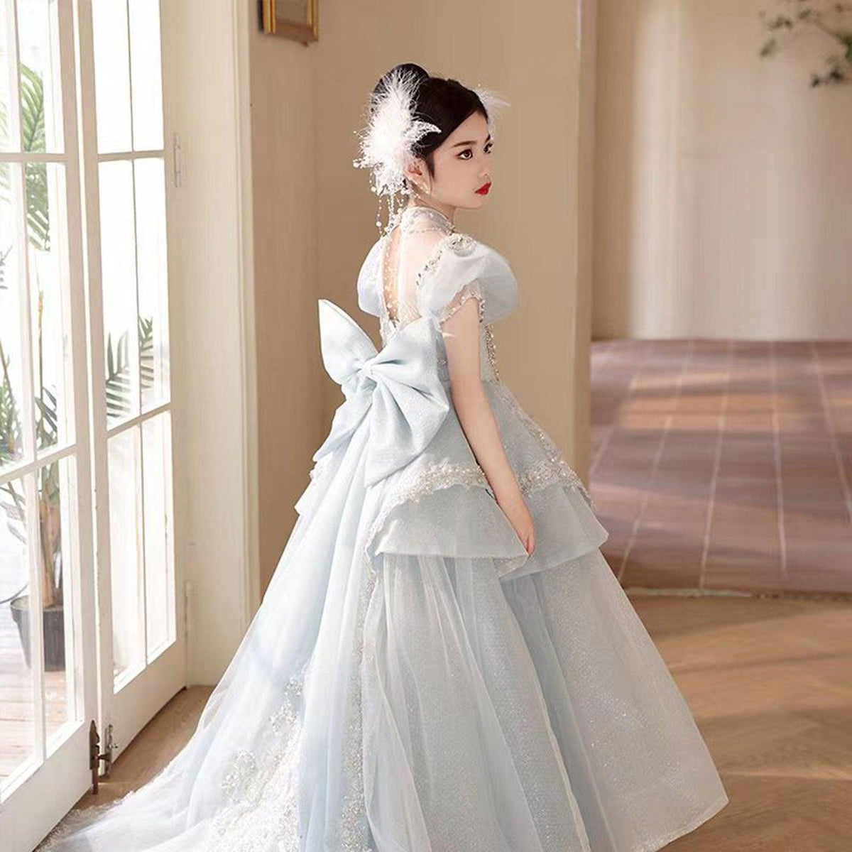 Jill Luxury Blue Crystal Princess Party Girl Dress with Bow J333