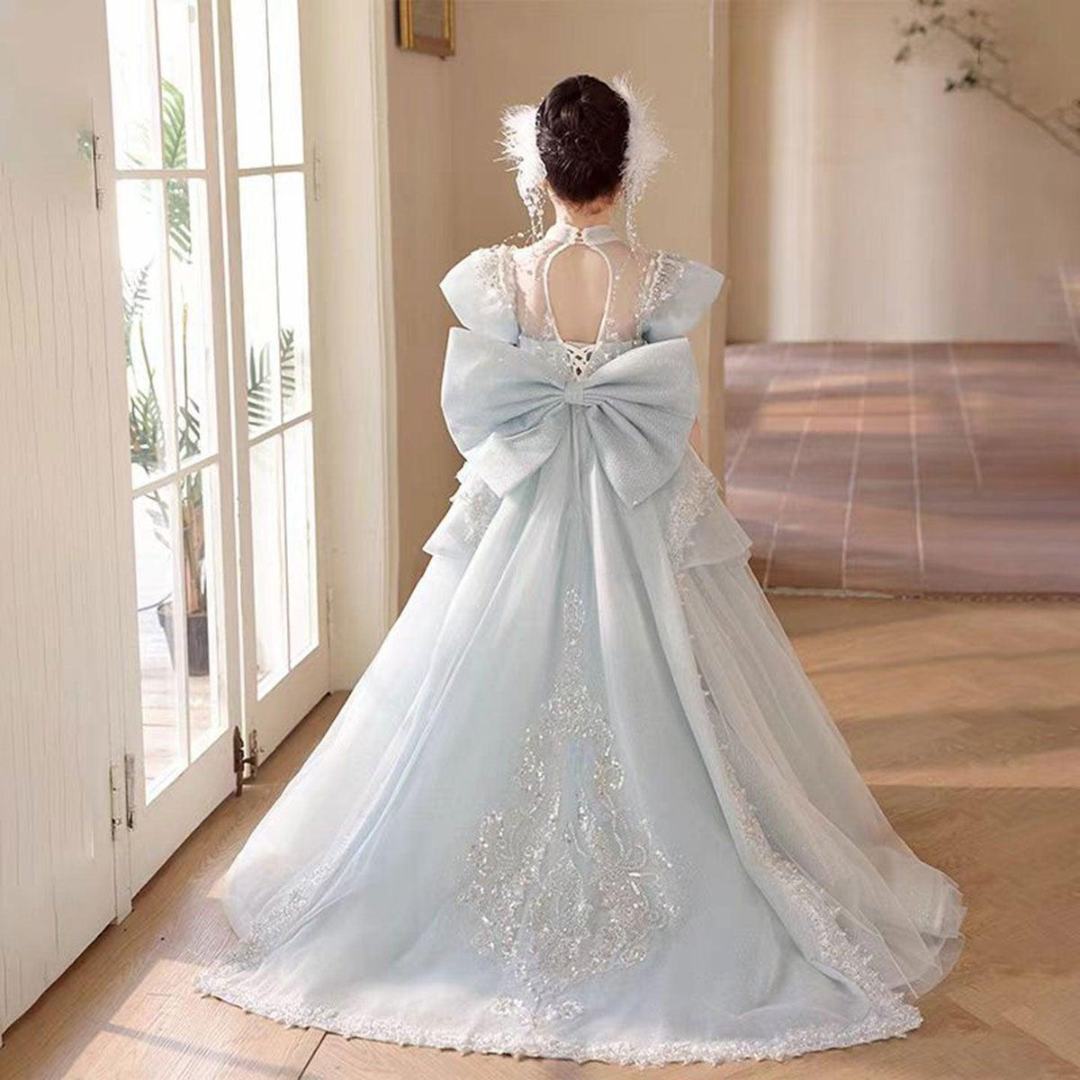 Jill Luxury Blue Crystal Princess Party Girl Dress with Bow J333