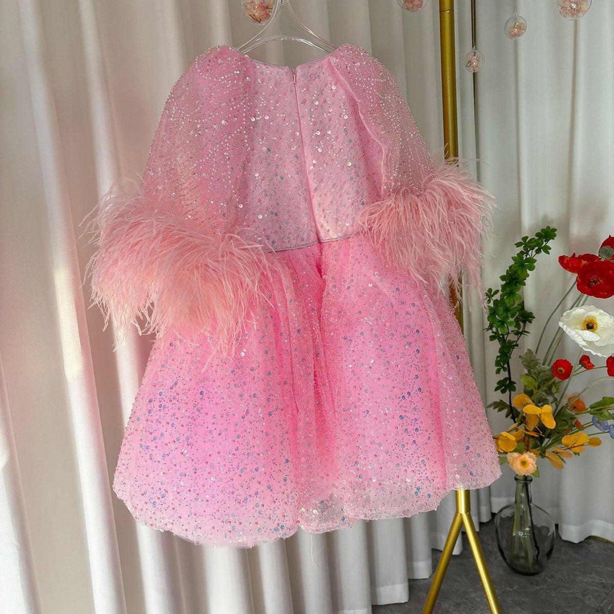 Jill Luxury Blue Girl Dress Feathers Cap Sleeve Kid Princess J170