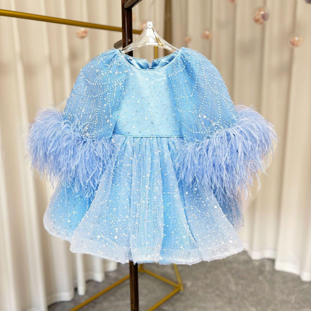 Jill Luxury Blue Girl Dress Feathers Cap Sleeve Kid Princess J170