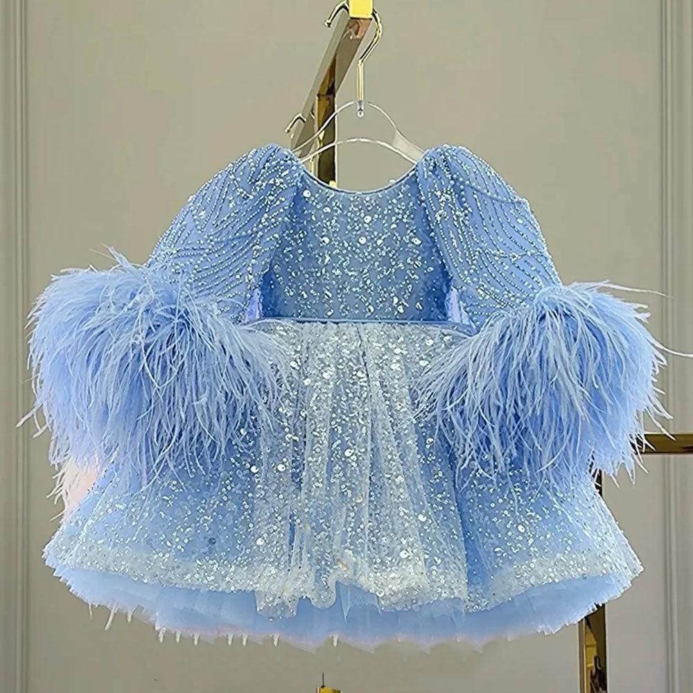 Jill Luxury Blue Girl Dress Feathers Cap Sleeve Kid Princess J170