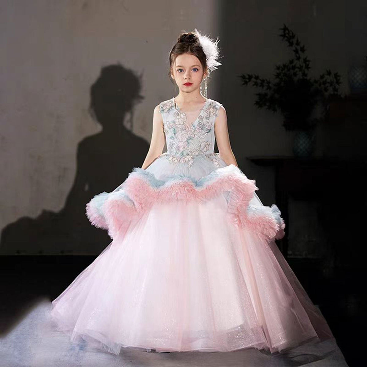 Jill Luxury Embroidery Pink Arabic Bithday Party Girl Dress J120