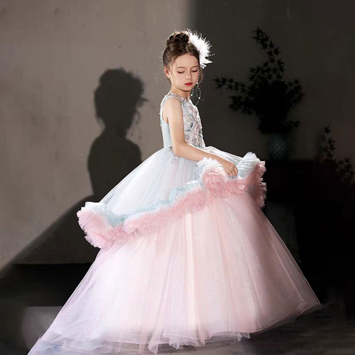 Jill Luxury Embroidery Pink Arabic Bithday Party Girl Dress J120