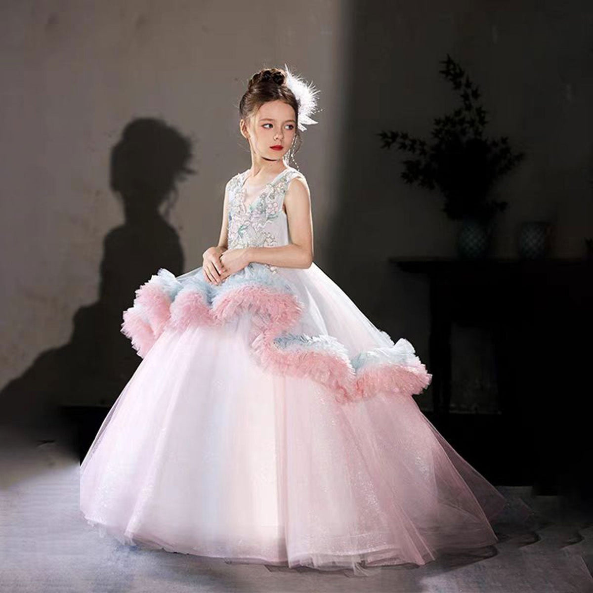 Jill Luxury Embroidery Pink Arabic Bithday Party Girl Dress J120