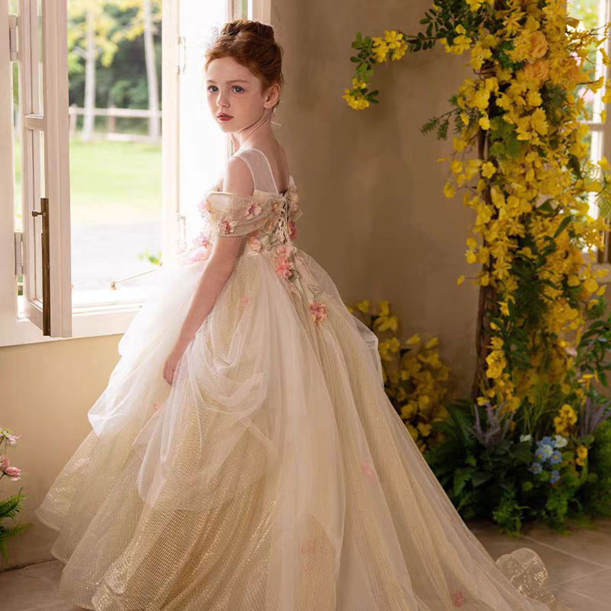 Jill Luxury Gold Girl Dress with Flowers for kids Birthday Pageant Party J363