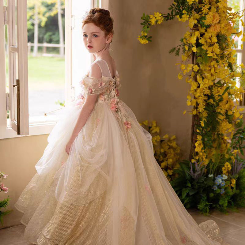 Jill Luxury Gold Girl Dress with Flowers for kids Birthday Pageant Party J363