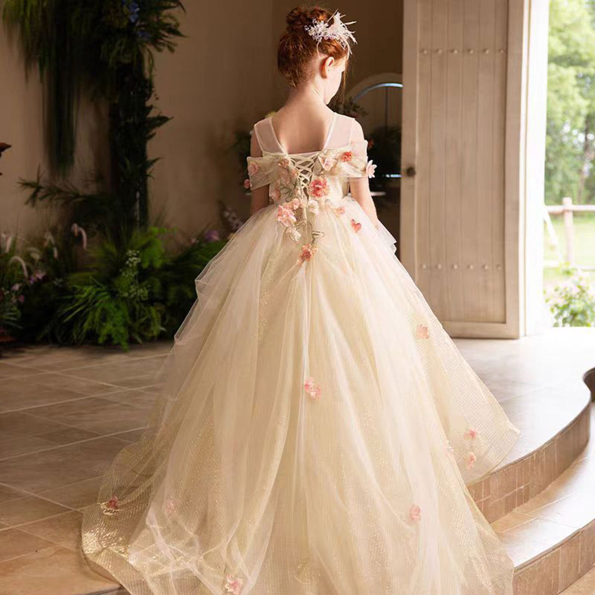 Jill Luxury Gold Girl Dress with Flowers for kids Birthday Pageant Party J363