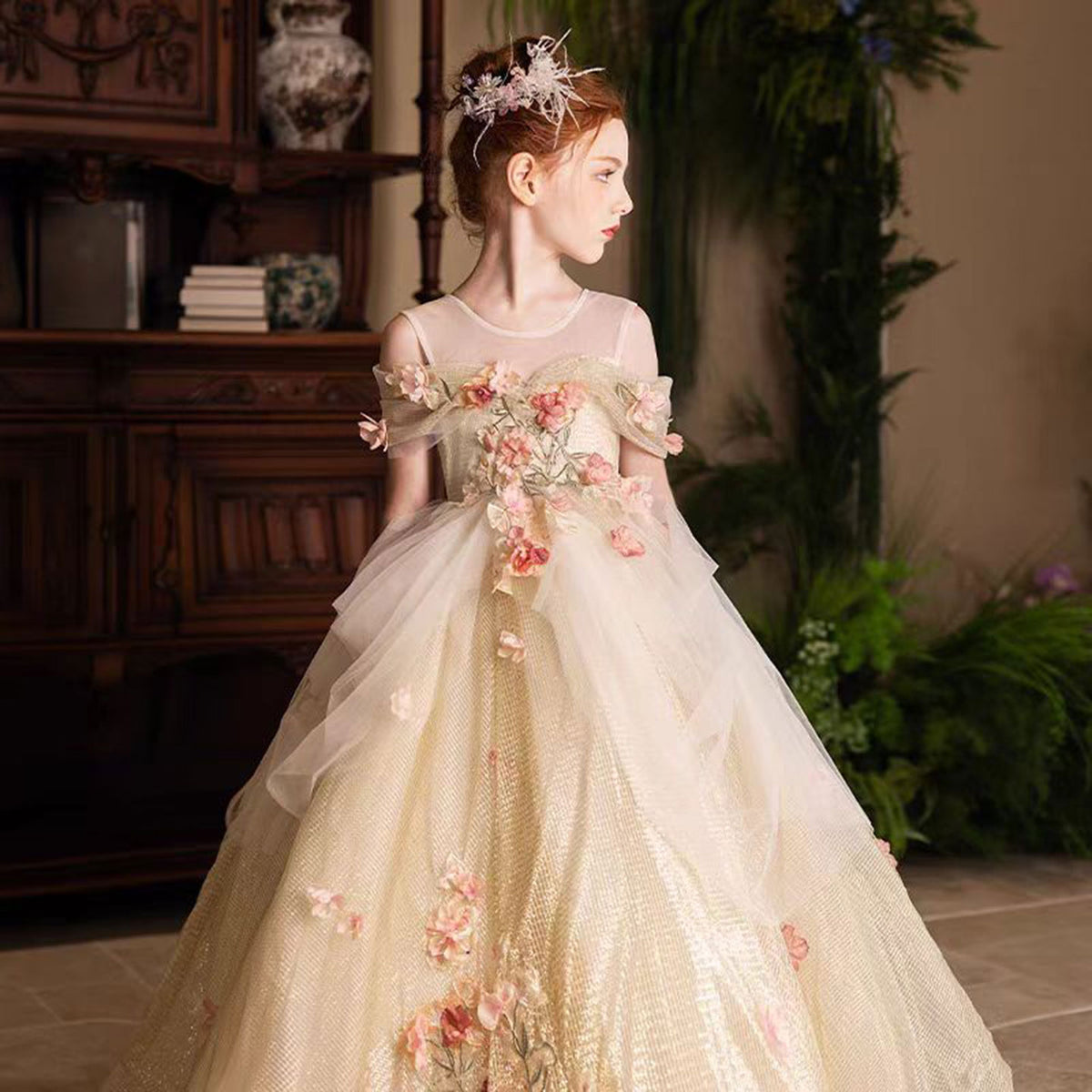Jill Luxury Gold Girl Dress with Flowers for kids Birthday Pageant Party J363