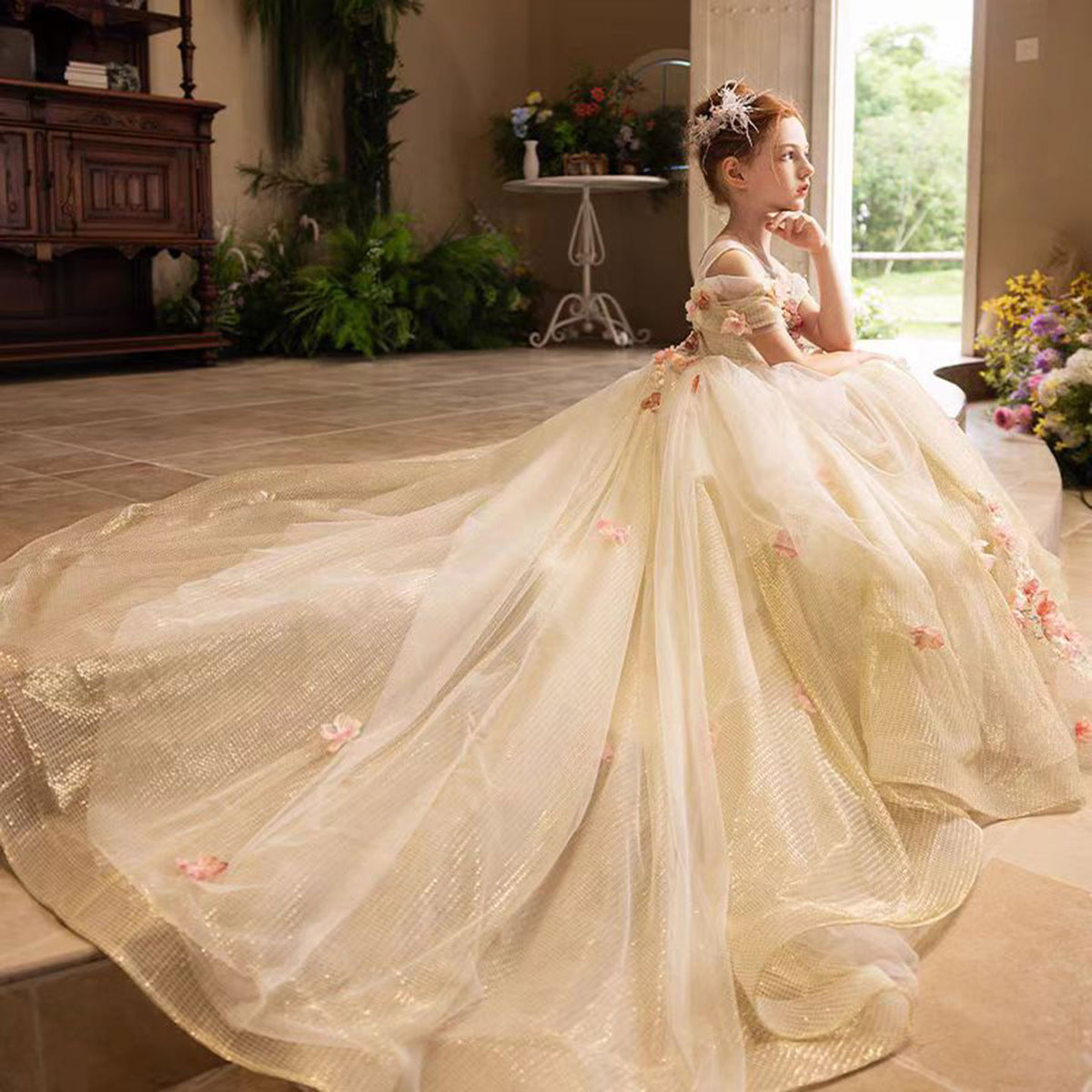 Jill Luxury Gold Girl Dress with Flowers for kids Birthday Pageant Party J363