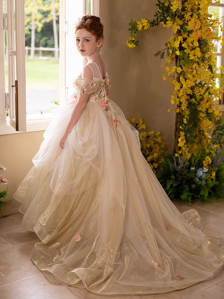Jill Luxury Gold Girl Dress with Flowers for kids Birthday Pageant Party J363