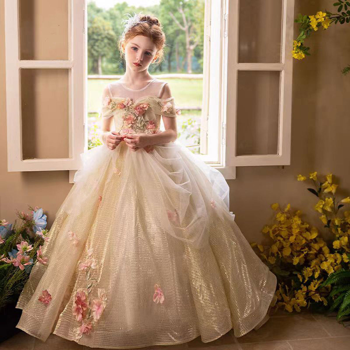 Jill Luxury Gold Girl Dress with Flowers for kids Birthday Pageant Party J363