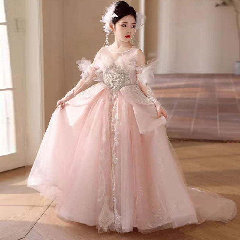 Jill Luxury Pink Crystal Wedding Party Girl Dress with Sleeve J316