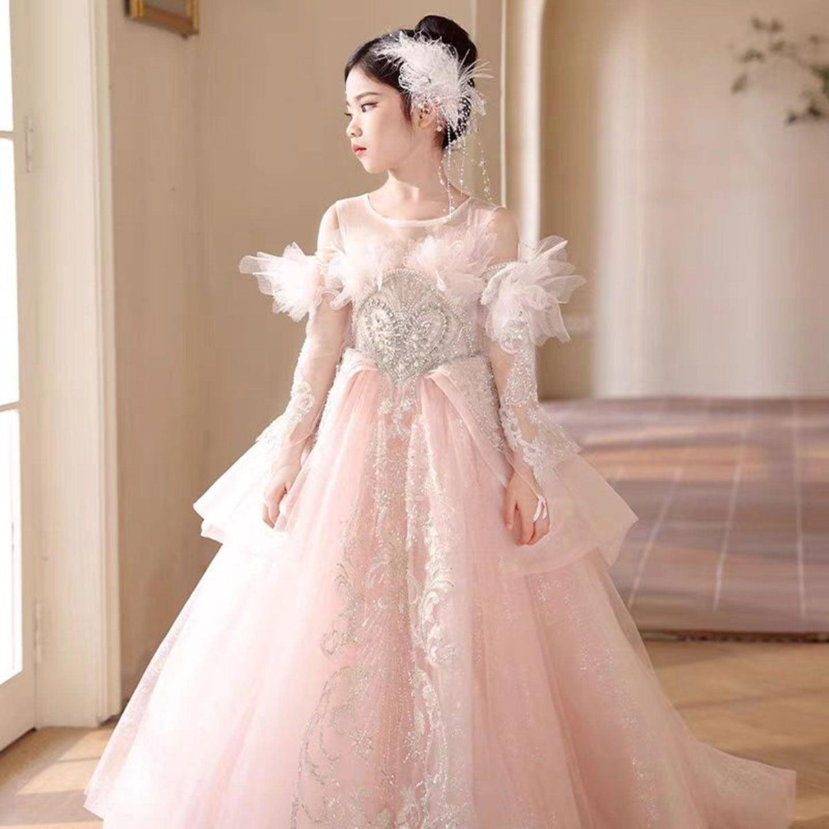 Jill Luxury Pink Crystal Wedding Party Girl Dress with Sleeve J316