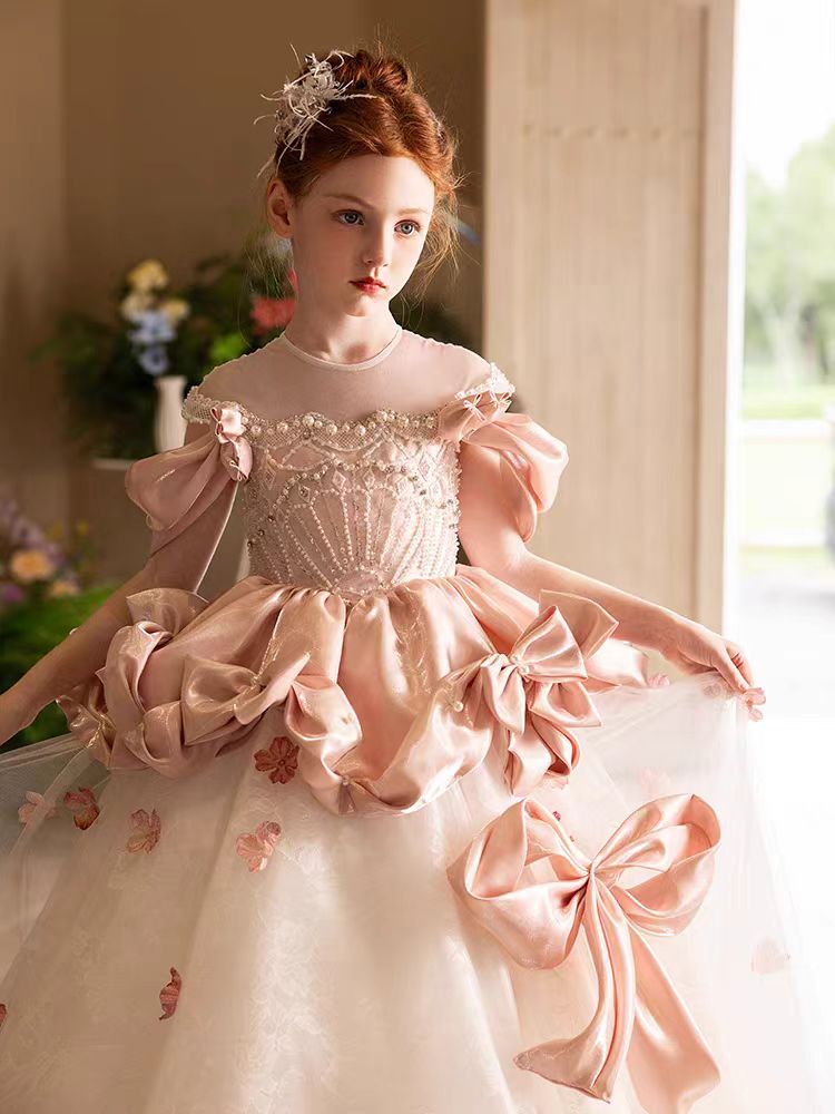 Jill Luxury Pink Girl Dress with Bows for kids Birthday Pageant Party J361