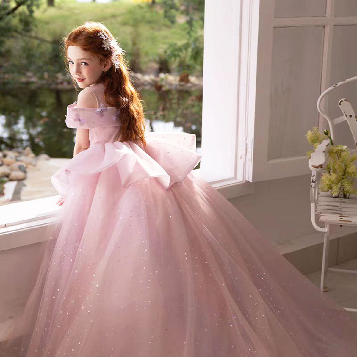 Jill Luxury Pink Girl Dress with Flowers for kids Birthday Pageant Party J362