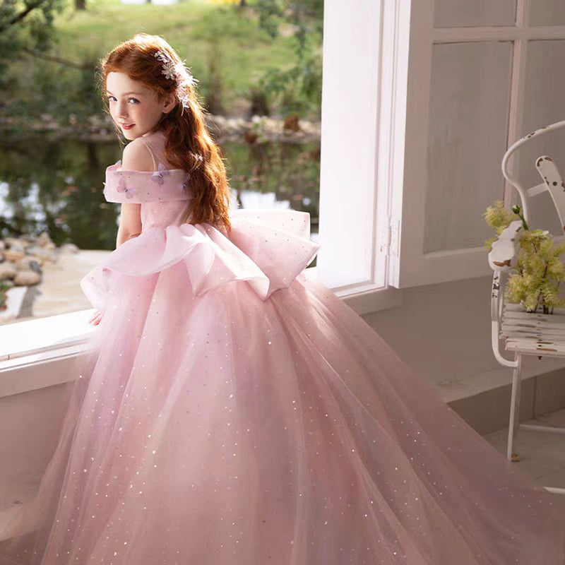 Jill Luxury Pink Girl Dress with Flowers for kids Birthday Pageant Party J362