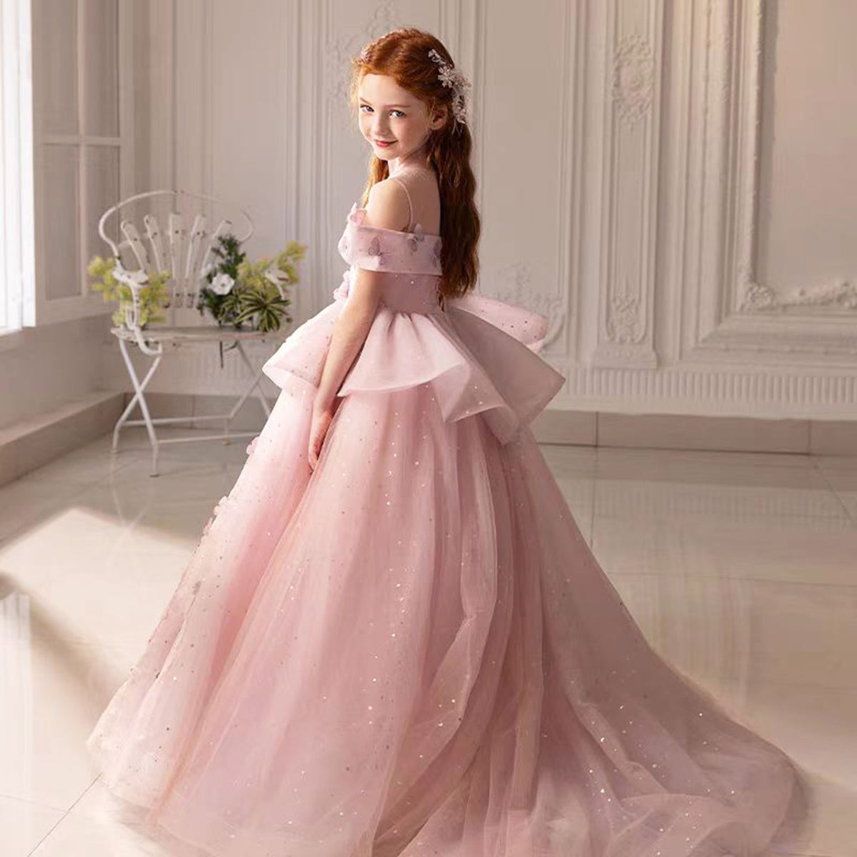 Jill Luxury Pink Girl Dress with Flowers for kids Birthday Pageant Party J362
