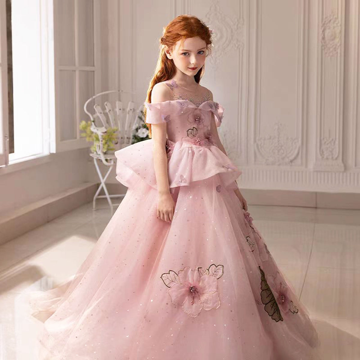 Jill Luxury Pink Girl Dress with Flowers for kids Birthday Pageant Party J362