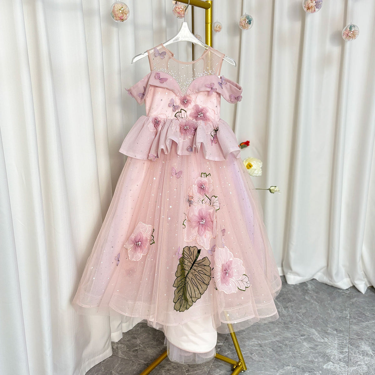 Jill Luxury Pink Girl Dress with Flowers for kids Birthday Pageant Party J362