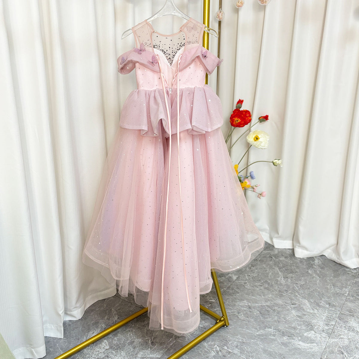 Jill Luxury Pink Girl Dress with Flowers for kids Birthday Pageant Party J362