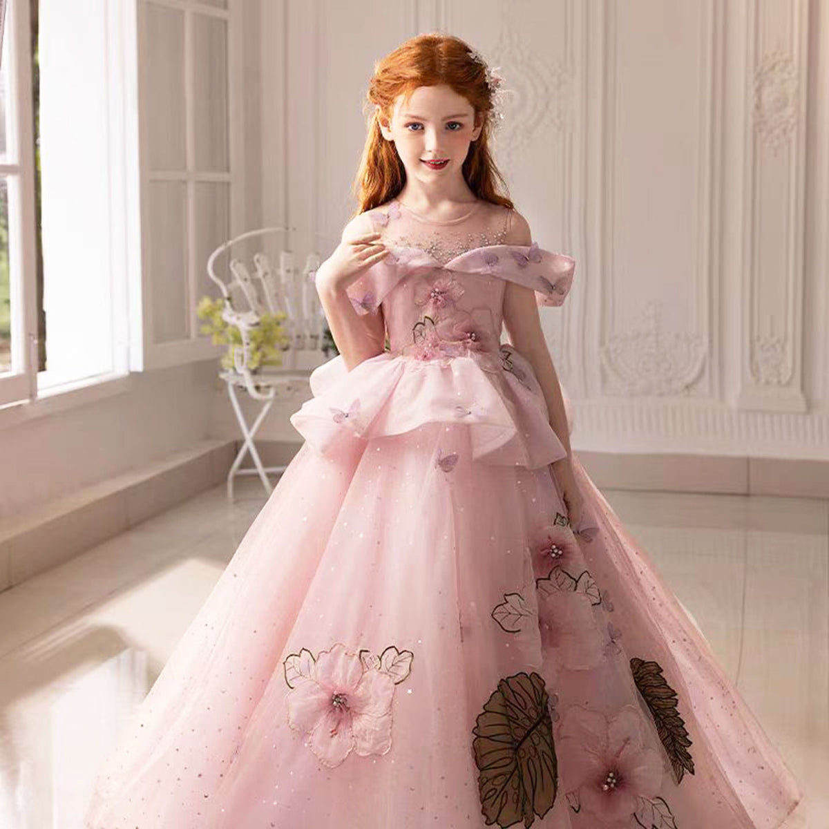 Jill Luxury Pink Girl Dress with Flowers for kids Birthday Pageant Party J362