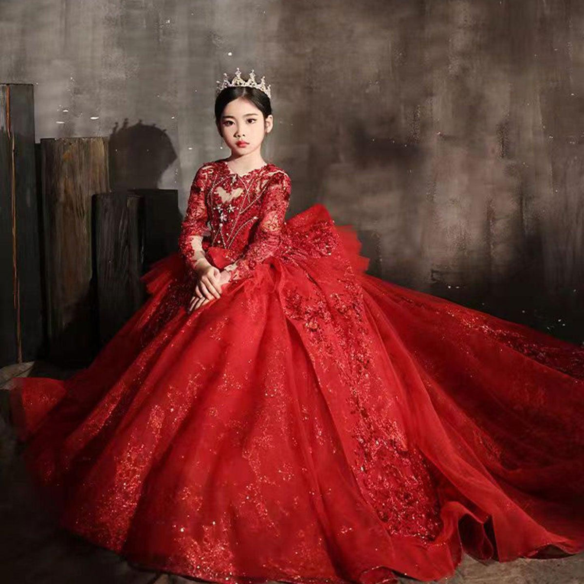 Jill Luxury Red Crystal Birthday Party Girl Dress Long Sleeve J335