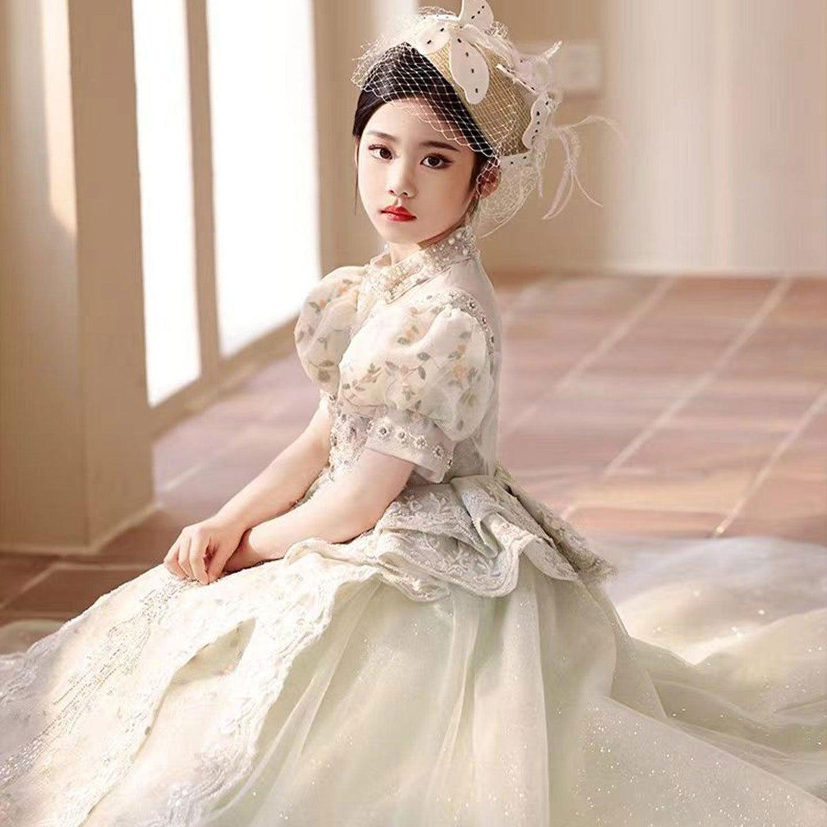 Jill Luxury Sage Green Birthday Girl Dress with Sleeve J314