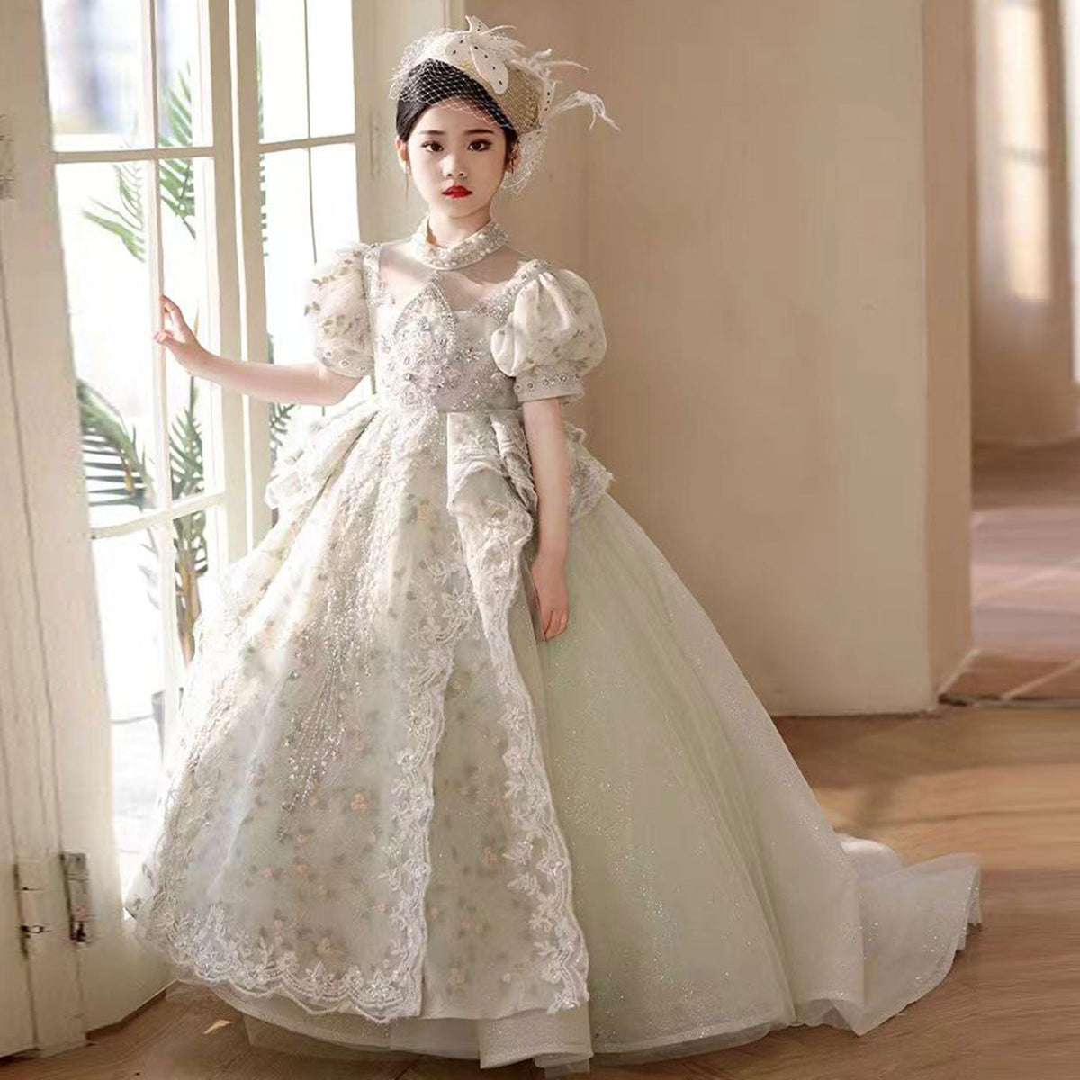 Jill Luxury Sage Green Birthday Girl Dress with Sleeve J314