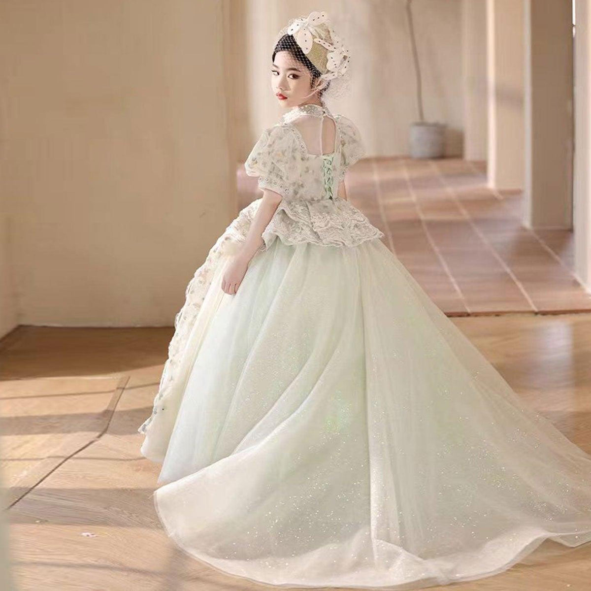 Jill Luxury Sage Green Birthday Girl Dress with Sleeve J314