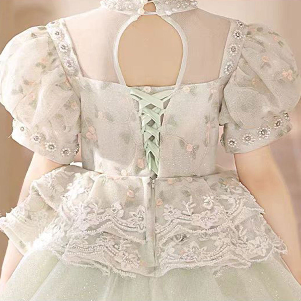 Jill Luxury Sage Green Birthday Girl Dress with Sleeve J314