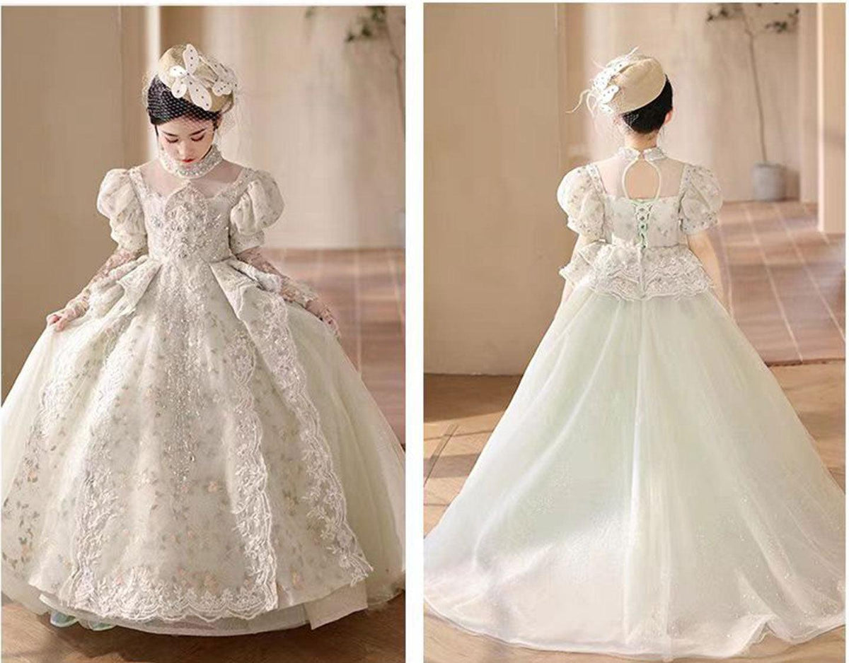 Jill Luxury Sage Green Birthday Girl Dress with Sleeve J314