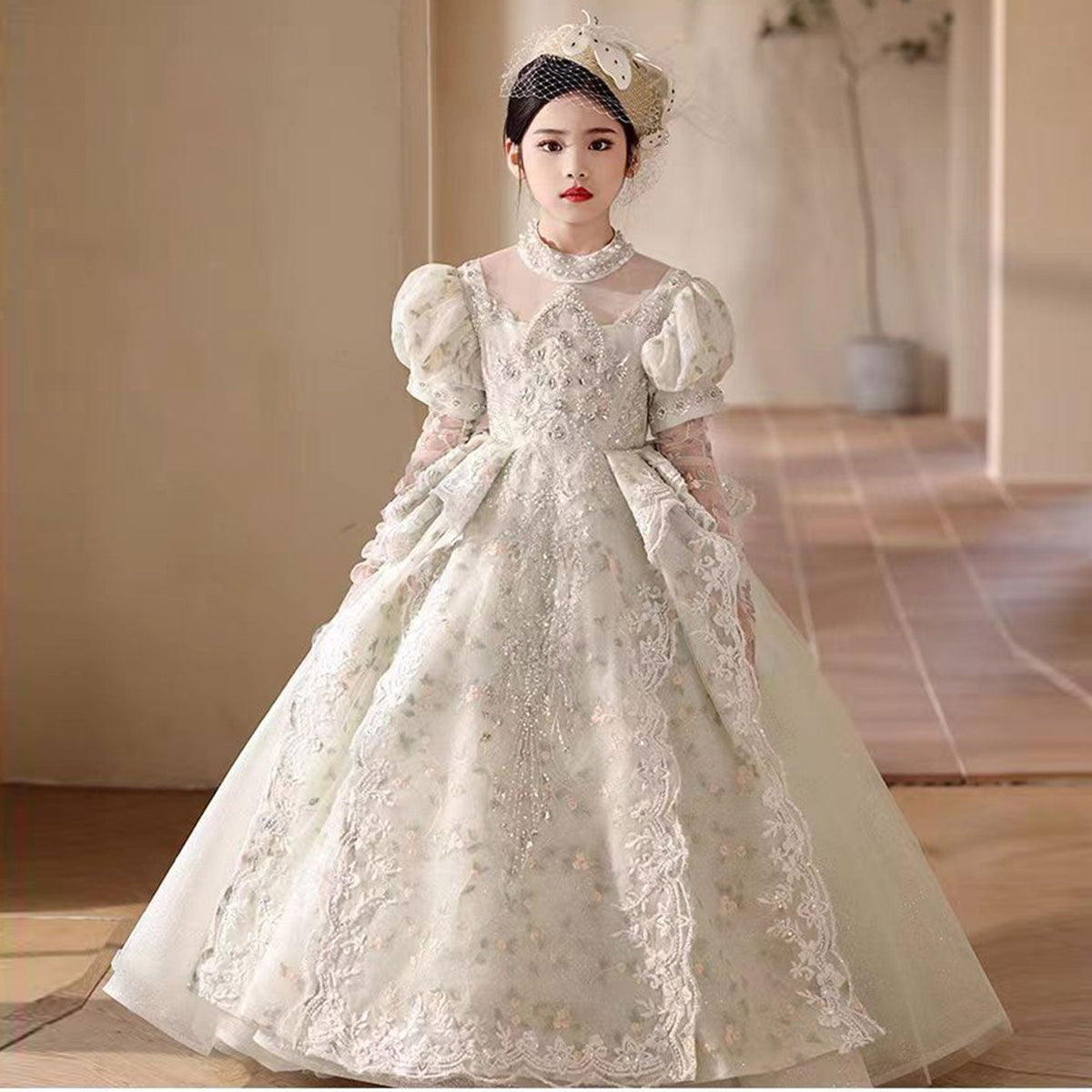 Jill Luxury Sage Green Birthday Girl Dress with Sleeve J314