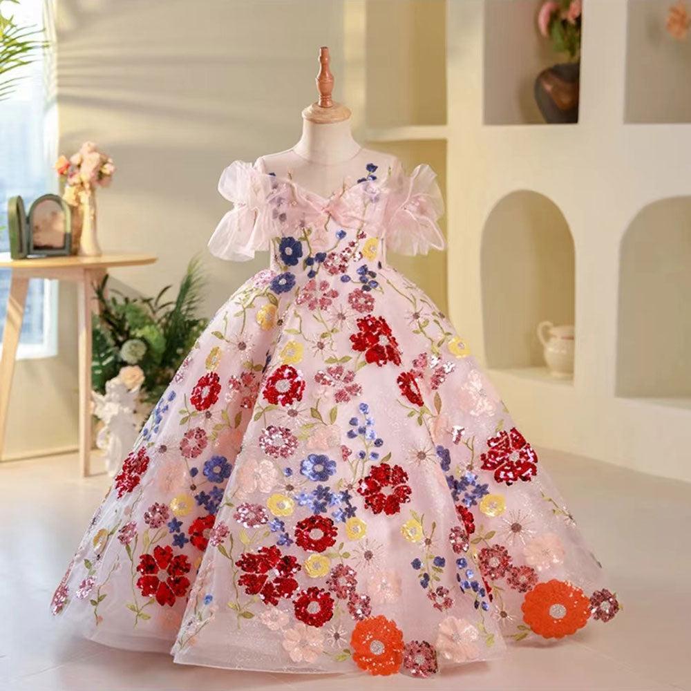 Jill Luxury Sequined Floral Long Birthday Girl Dress J236