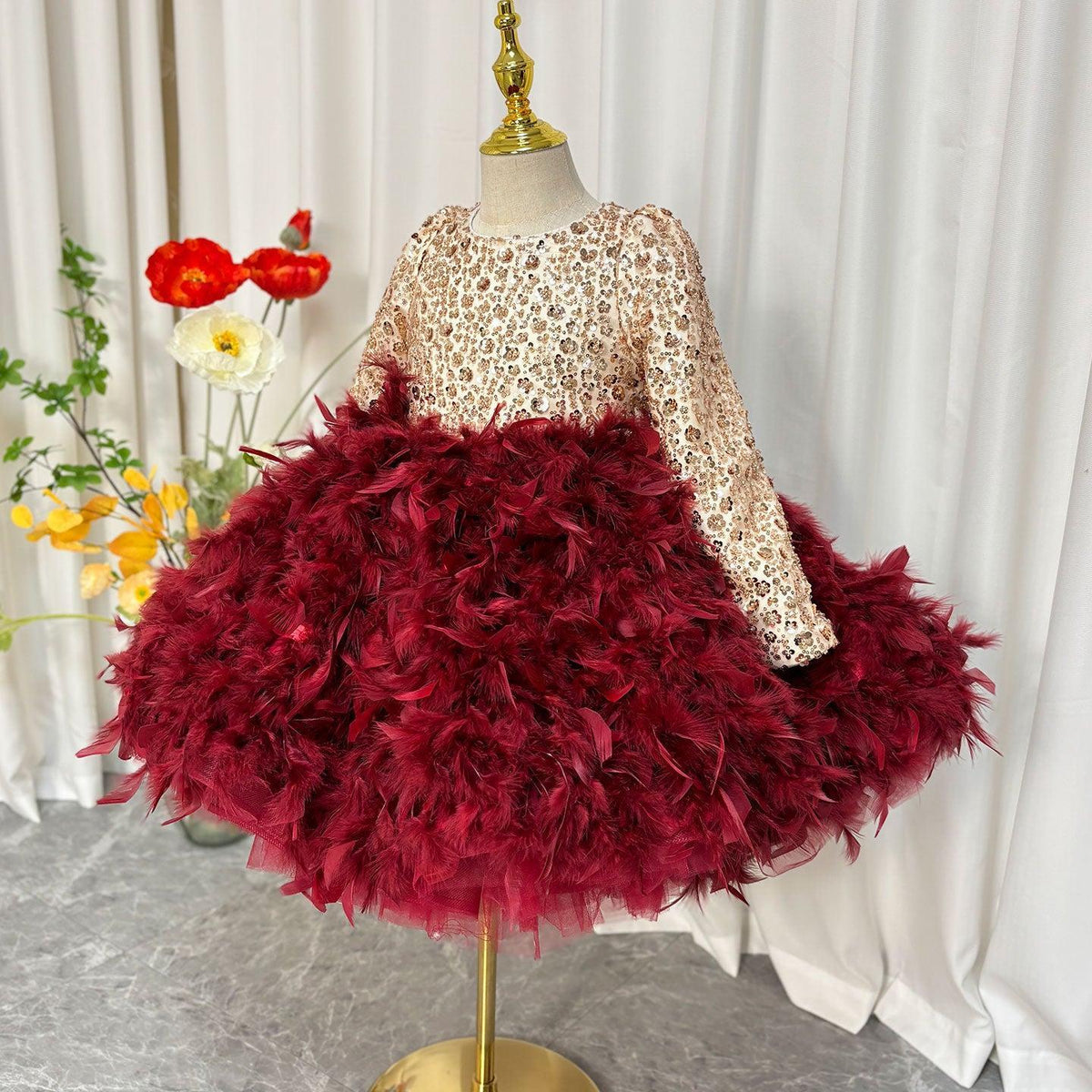 Jill Luxury Sequins Burgundy Beading Long Sleeve Girl Dress J109
