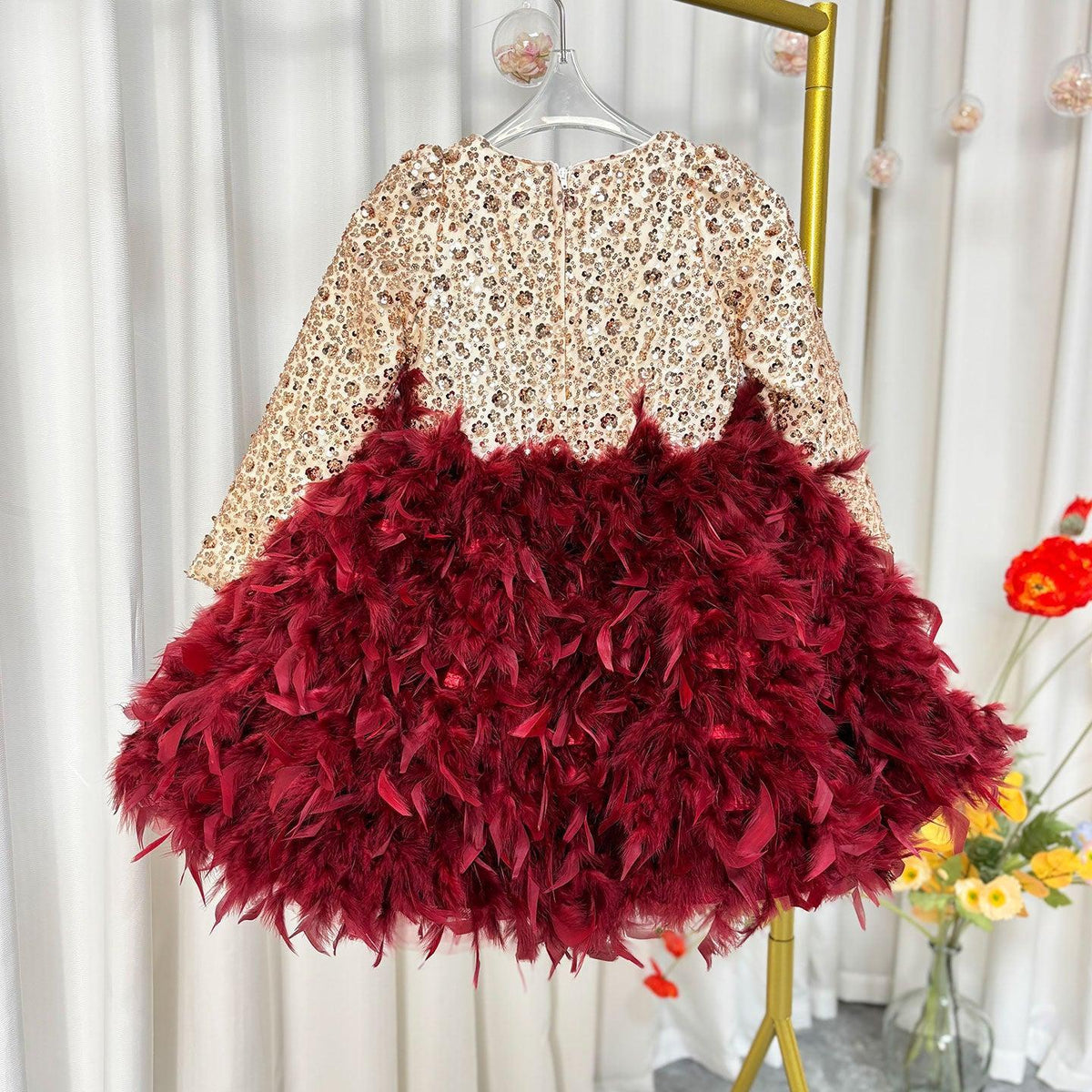 Jill Luxury Sequins Burgundy Beading Long Sleeve Girl Dress J109