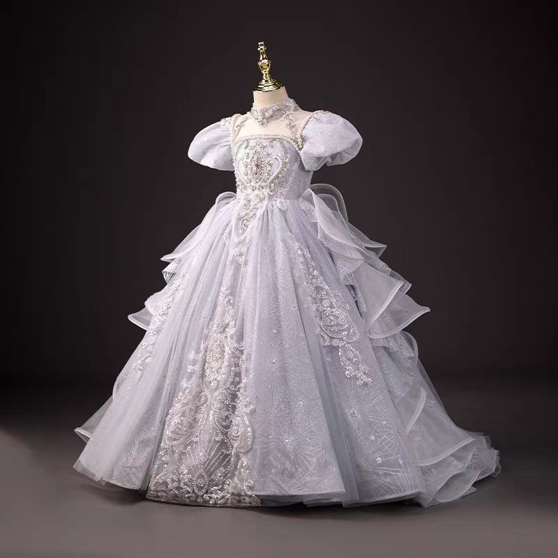 Jill Luxury Silver Girl Dress Beaded Court Train Princess Gown J300