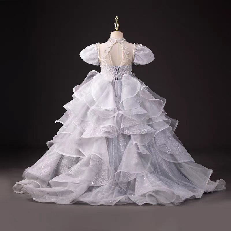 Jill Luxury Silver Girl Dress Beaded Court Train Princess Gown J300