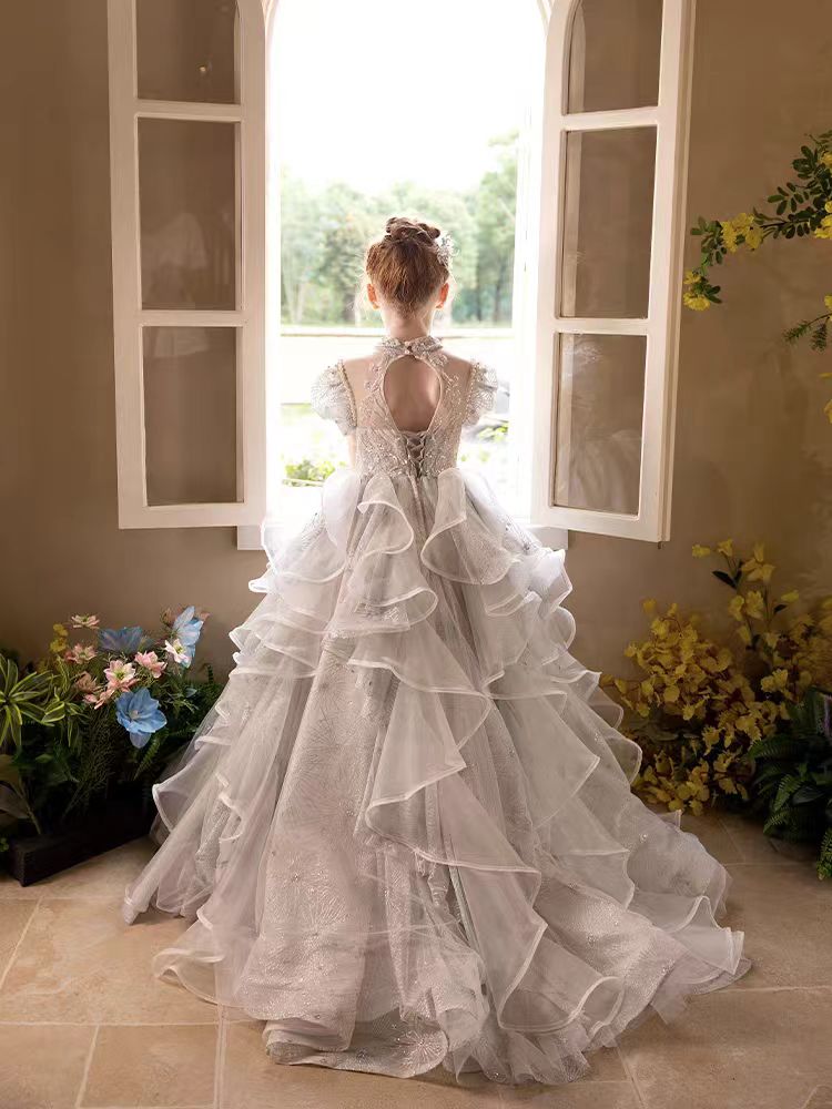 Jill Luxury Silver Girl Dress Beaded Court Train Princess Gown J300
