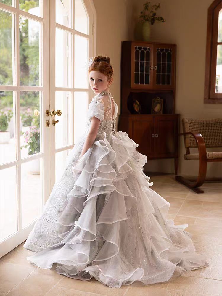 Jill Luxury Silver Girl Dress Beaded Court Train Princess Gown J300