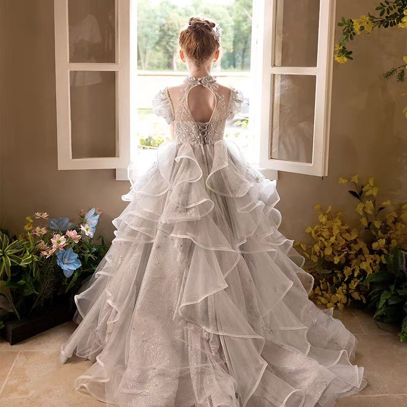 Jill Luxury Silver Girl Dress Beaded Court Train Princess Gown J300