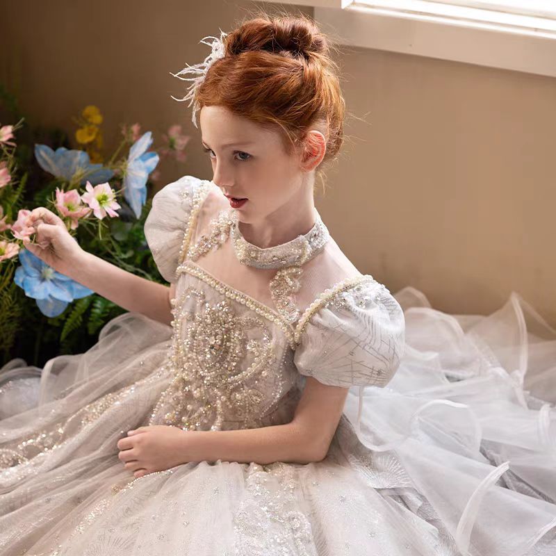 Jill Luxury Silver Girl Dress Beaded Court Train Princess Gown J300