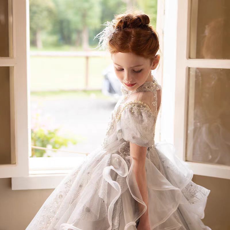 Jill Luxury Silver Girl Dress Beaded Court Train Princess Gown J300