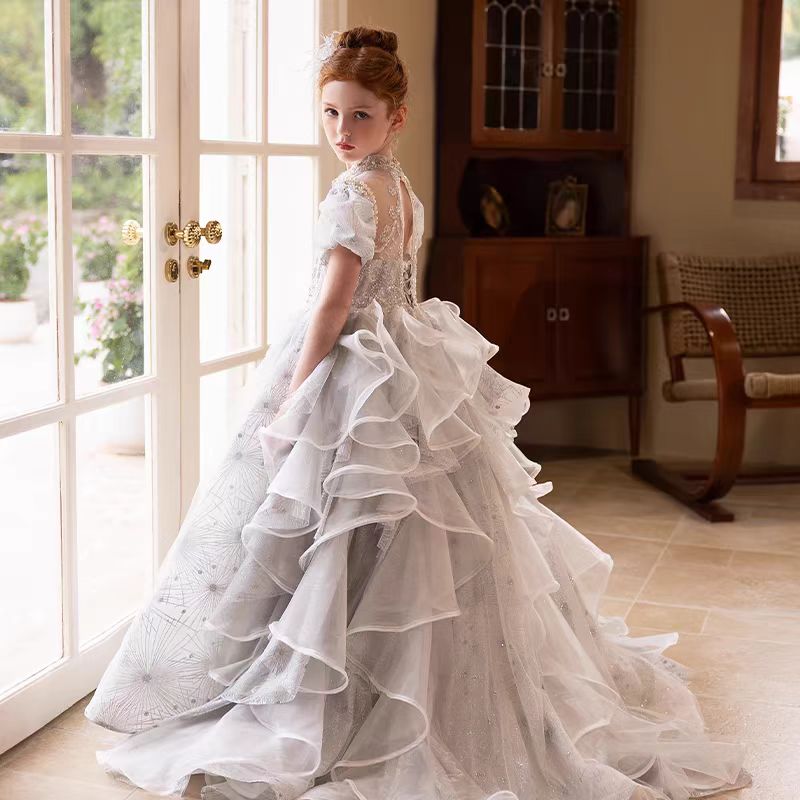 Jill Luxury Silver Girl Dress Beaded Court Train Princess Gown J300