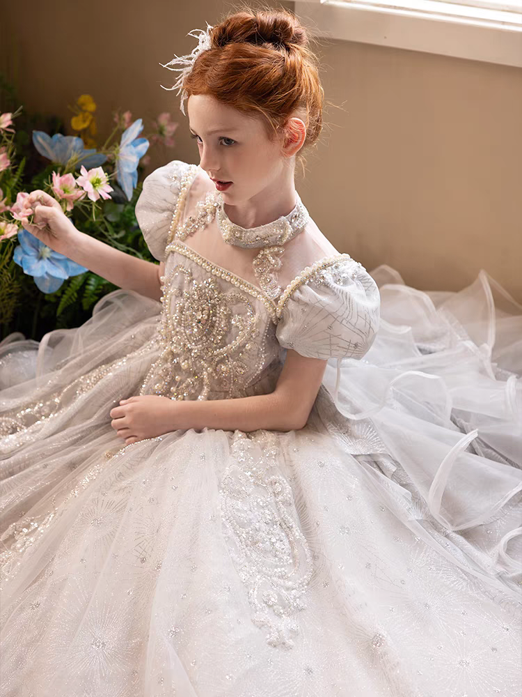 Jill Luxury Silver Girl Dress Beaded Court Train Princess Gown J300
