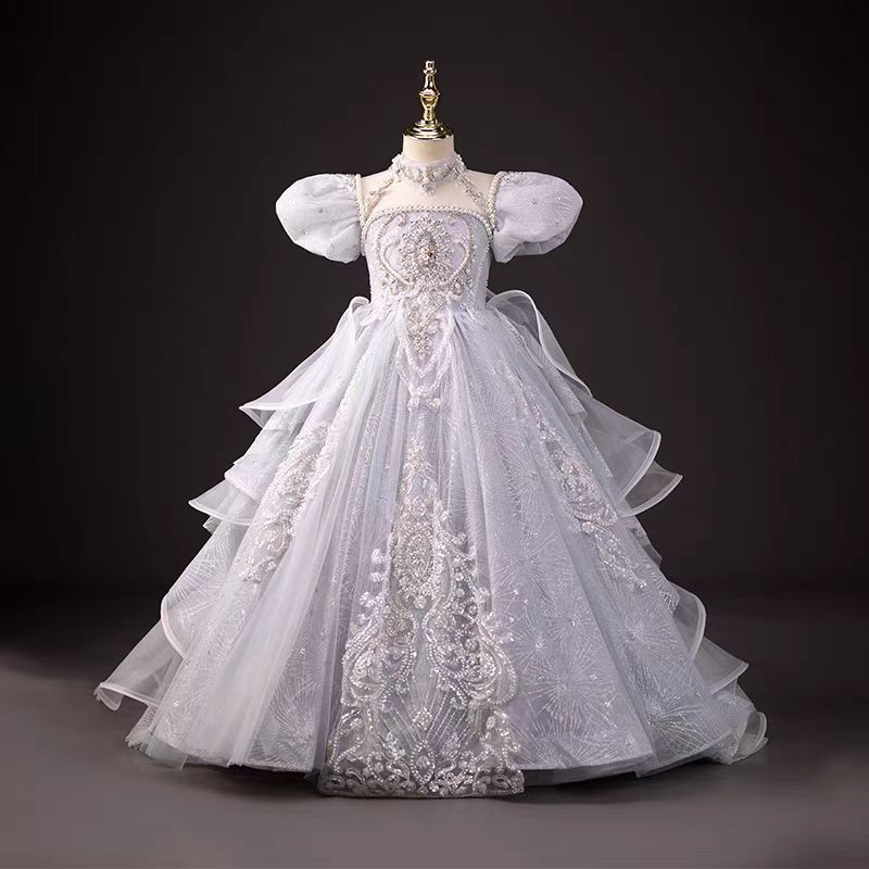 Jill Luxury Silver Girl Dress Beaded Court Train Princess Gown J300