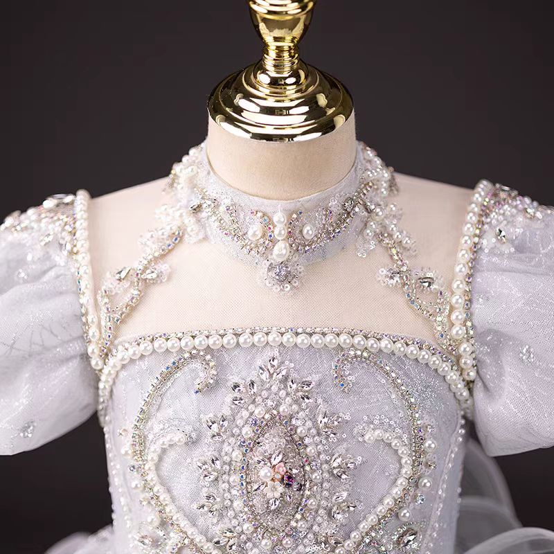 Jill Luxury Silver Girl Dress Beaded Court Train Princess Gown J300