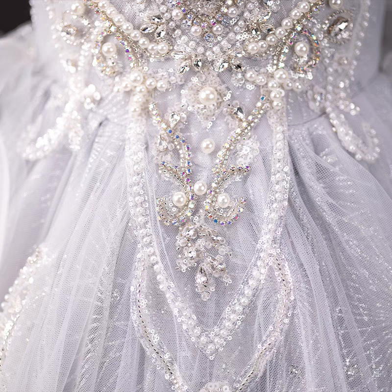 Jill Luxury Silver Girl Dress Beaded Court Train Princess Gown J300
