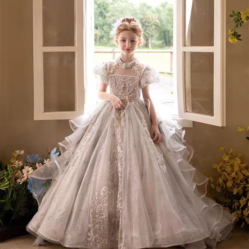 Luxury Silver Girl Dress Beaded Court Train Princess Gown J300
